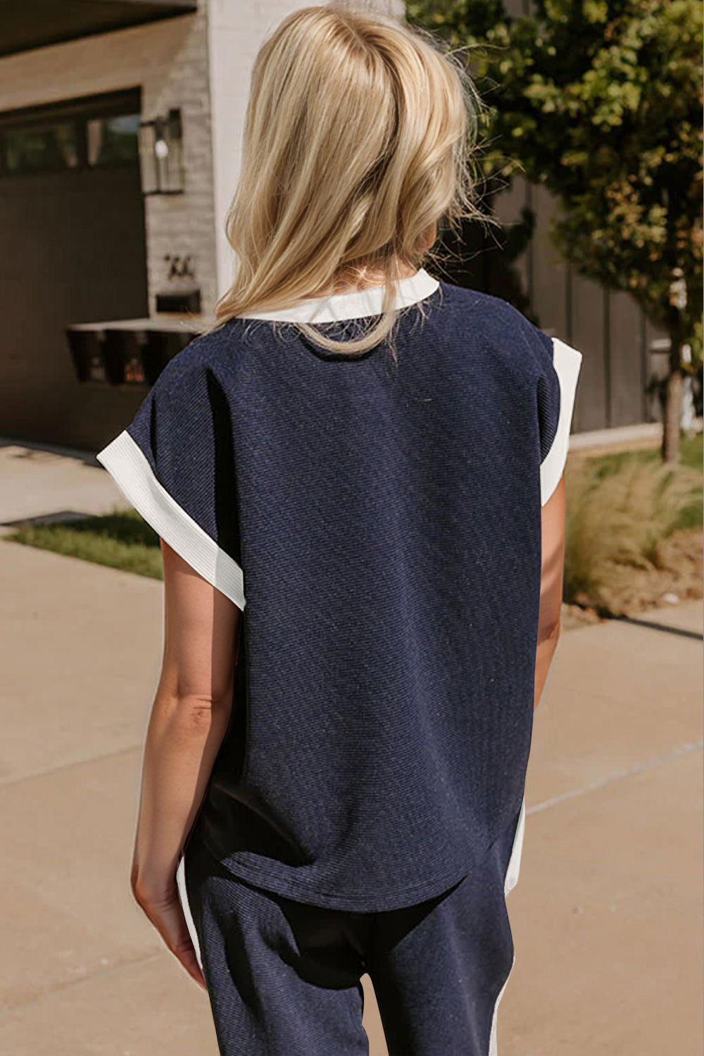 Oh Texture Contrast Trim Round Neck Cap Sleeve Top and Pants Set.