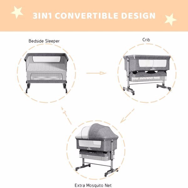 3-in-1 Bedside Crib With Mosquito Net, Large Storage Bag, Comfortable Mattress With Lockable Wheels, Grey CJ