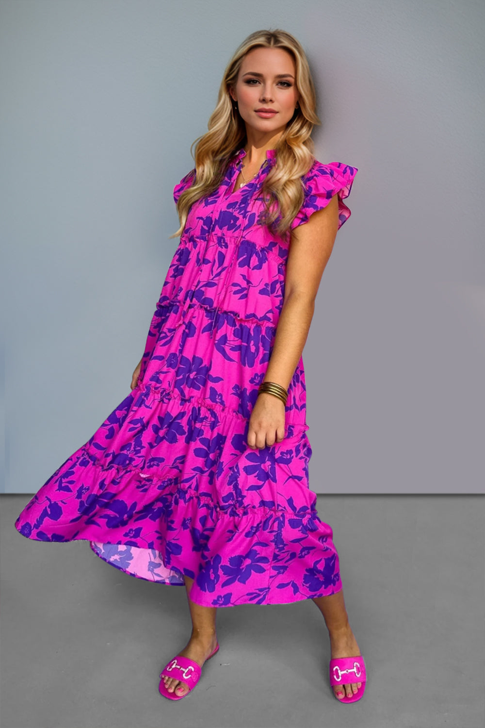 Oh Full Size Ruffled Printed Notched Cap Sleeve Midi Dress.