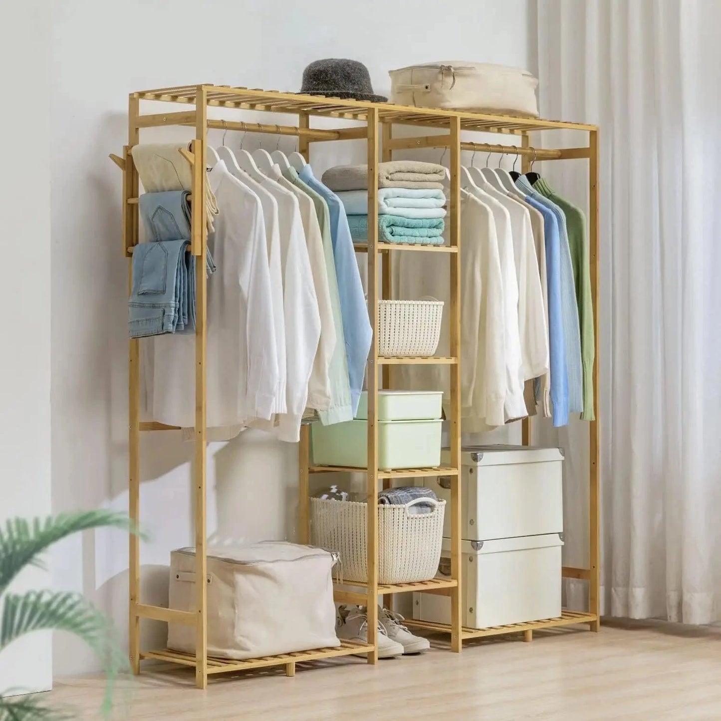 Bamboo Clothes Rack with Double Rods and Storage Shelves Free Standing Open Wardrobe Rack for Hanging Clothes and Storage for Be A&S Collection