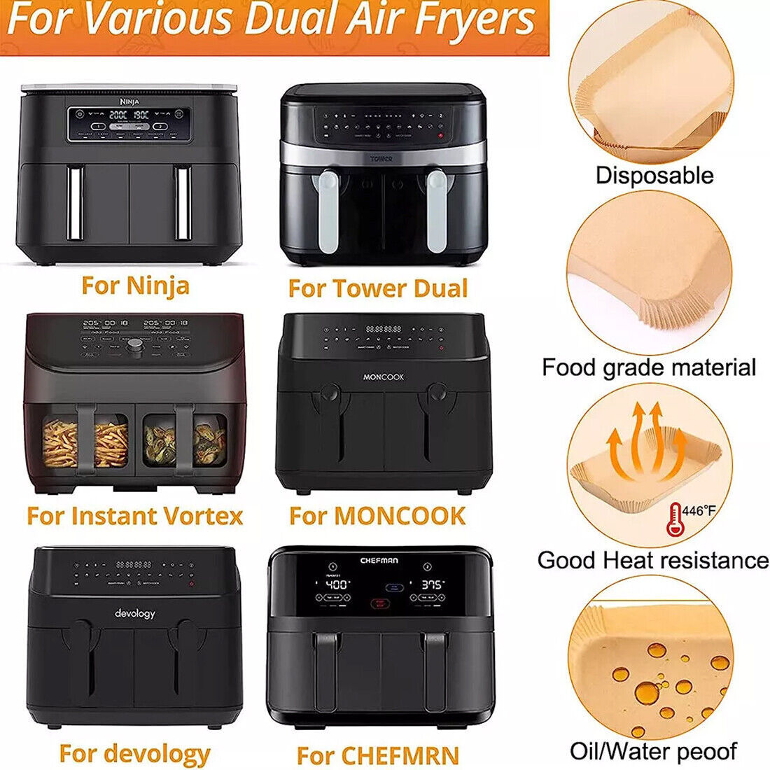 300x Disposable Air Fryer Liners - Non-Stick Parchment for Dual Basket Fryers CJ