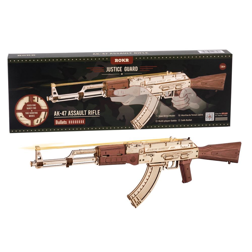 Robotime Rokr Automatic Rifle AK-47 3D Wooden Assembly Gun Double Firing Modes Funny DIY Toys For Kids Adults Justice Guar LQ901 A&S Collection