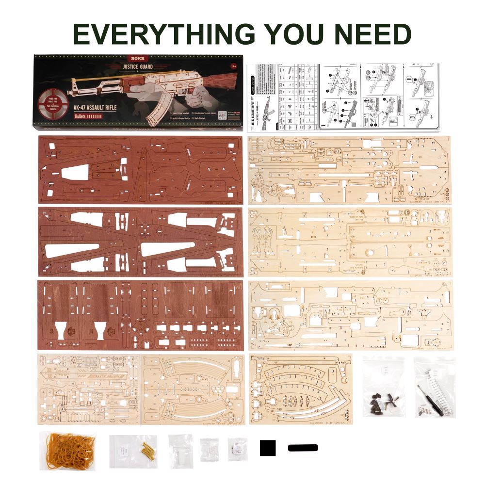 Robotime Rokr Automatic Rifle AK-47 3D Wooden Assembly Gun Double Firing Modes Funny DIY Toys For Kids Adults Justice Guar LQ901 A&S Collection
