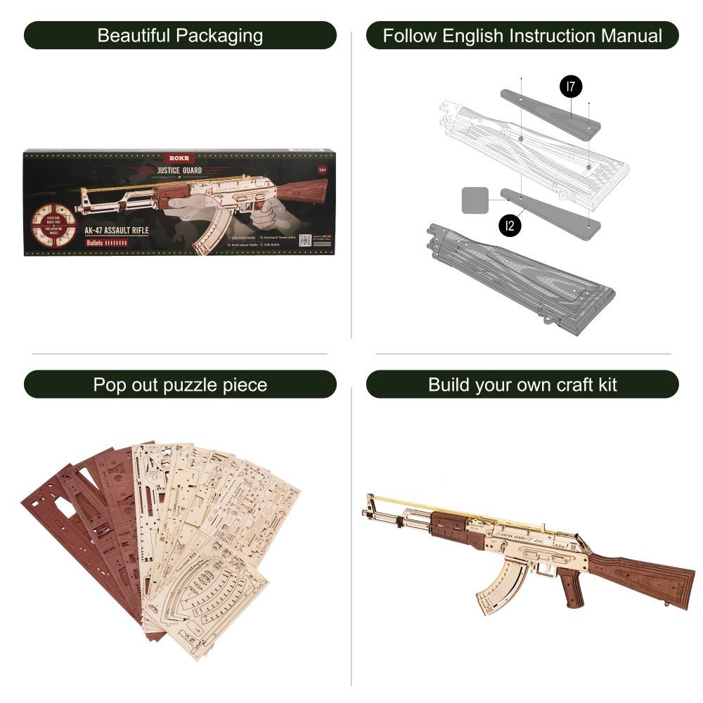Robotime Rokr Automatic Rifle AK-47 3D Wooden Assembly Gun Double Firing Modes Funny DIY Toys For Kids Adults Justice Guar LQ901 A&S Collection