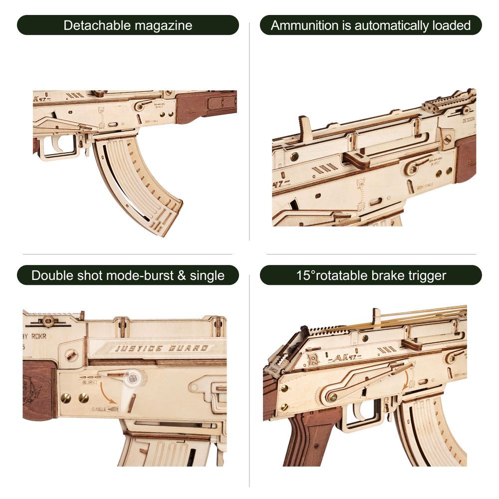 Robotime Rokr Automatic Rifle AK-47 3D Wooden Assembly Gun Double Firing Modes Funny DIY Toys For Kids Adults Justice Guar LQ901 A&S Collection