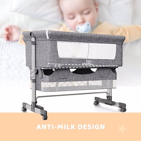 3-in-1 Bedside Crib With Mosquito Net, Large Storage Bag, Comfortable Mattress With Lockable Wheels, Grey CJ