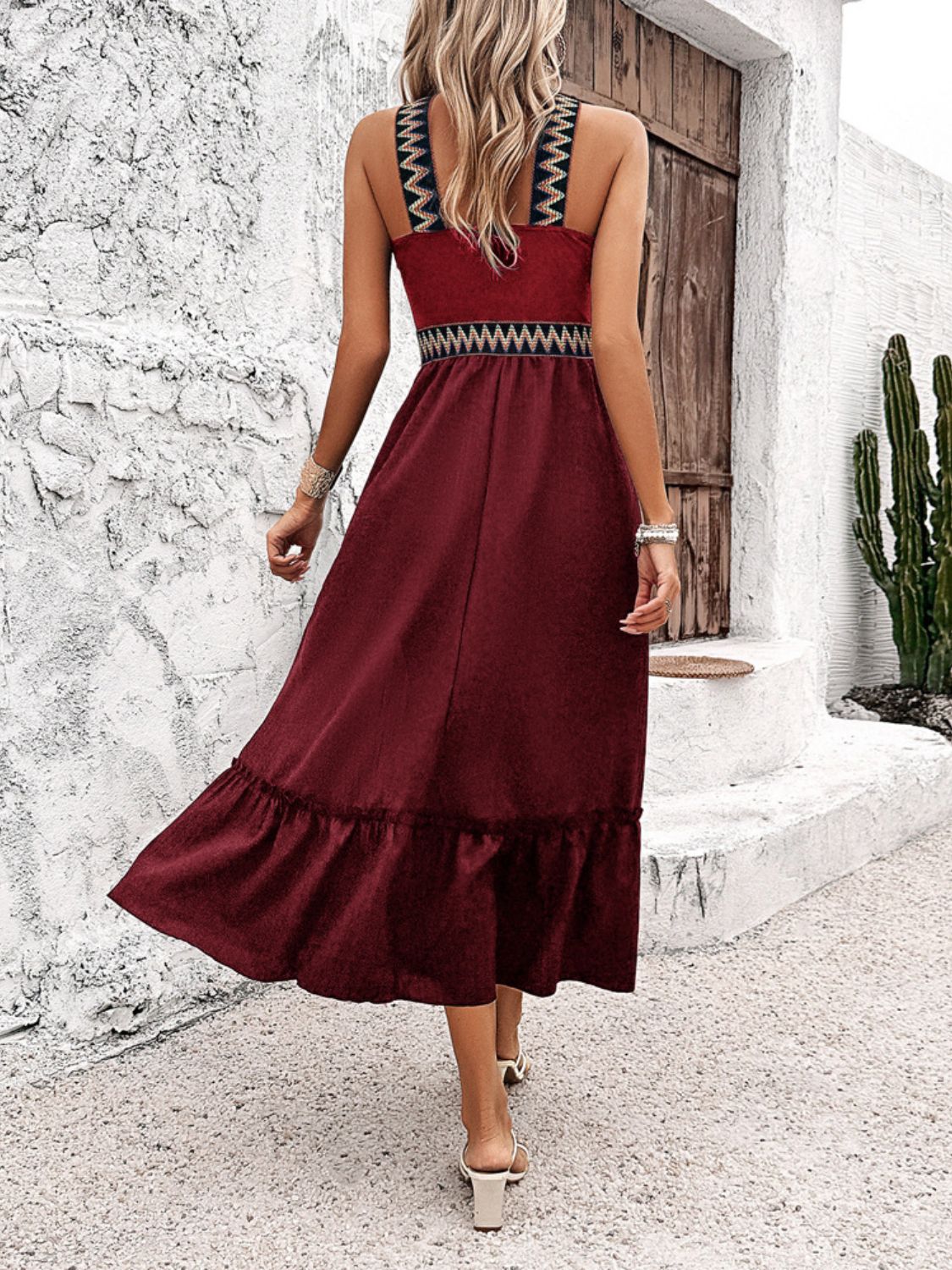 Devine Ruffled Slit Sleeveless Midi Dress.