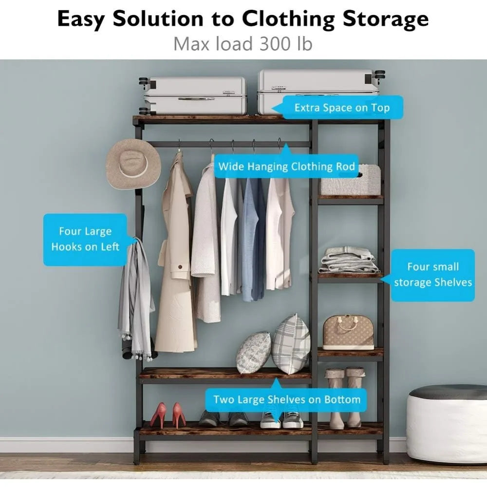 Free-standing Open Closet with Hooks, Metal Clothes Shelf Garment Rack with Shelves and Hanging Rod A&S Collection