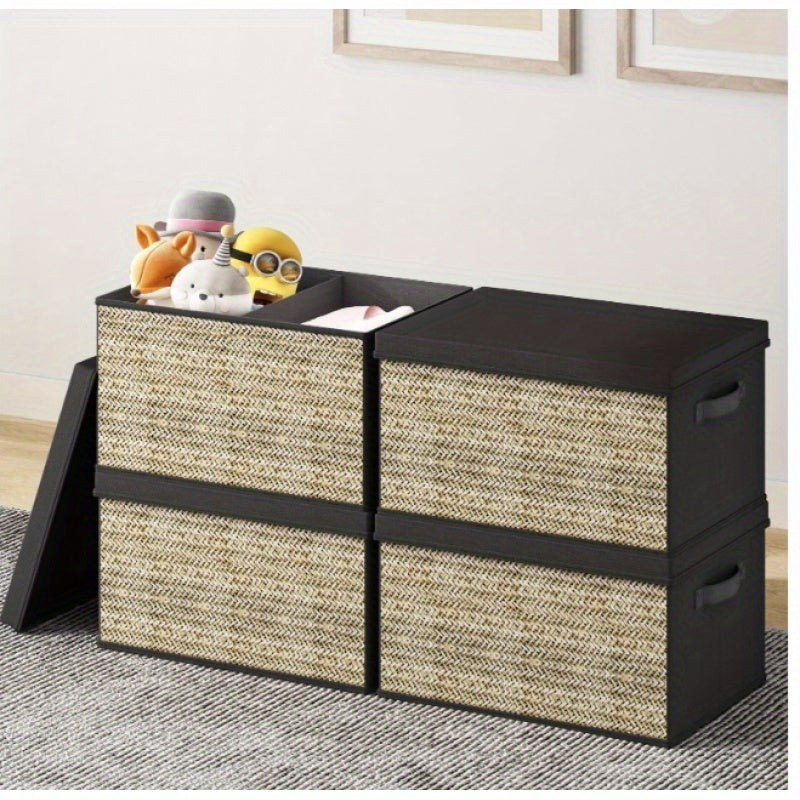 4pcs Green Rattan Rectangular Storage Bins with Handles: Collapsible Fabric Cube Organizers for Multipurpose Use - Lidded Containers for Toys, Clothes, and More (Non-Waterproof) - Suitable for Box, Cabinet, or Rack Storage - Ideal for Outdoor Use A&S Collection