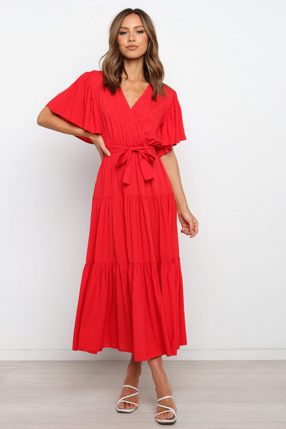 Front Tie Short Sleeve Tiered Midi Dress.