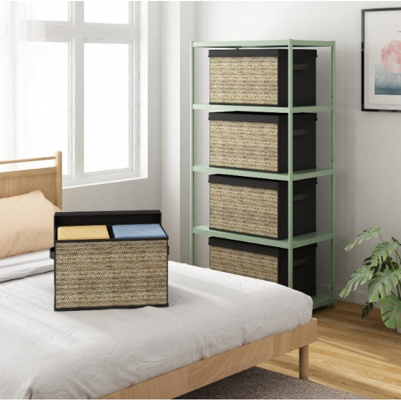 4pcs Green Rattan Rectangular Storage Bins with Handles: Collapsible Fabric Cube Organizers for Multipurpose Use - Lidded Containers for Toys, Clothes, and More (Non-Waterproof) - Suitable for Box, Cabinet, or Rack Storage - Ideal for Outdoor Use A&S Collection