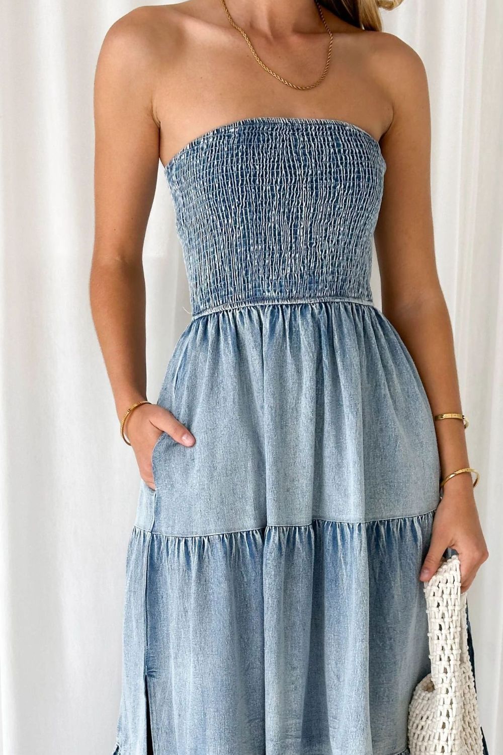 Smocked Tube Slit Tiered Denim Dress.