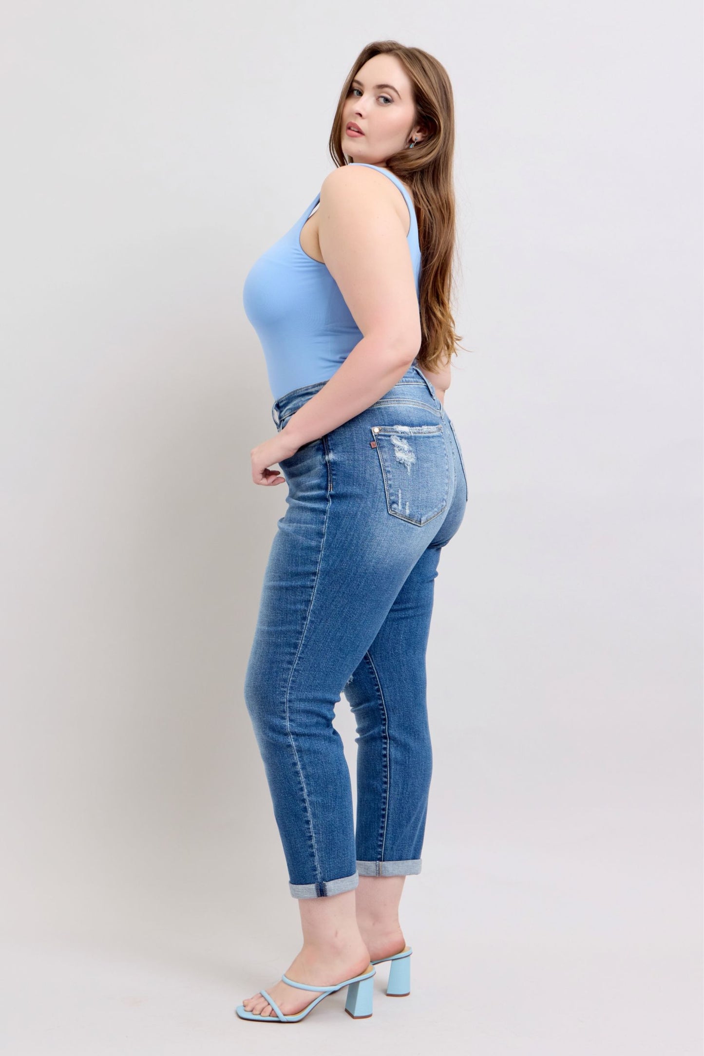 Judy Blue Full Size Button Fly Distressed Jeans with Pockets Plus Size.