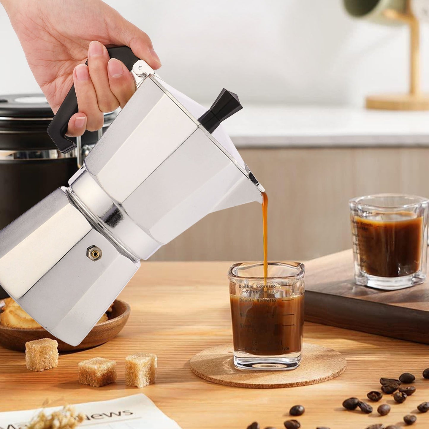 RAINBEAN Stovetop Espresso Maker 180ml For 3 Cups Espresso, Italian Moka Pot Coffee Maker, For Coffee Latte Mocha Cappuccino Macchiato Cuban Cafe Makers, Silver A&S Collection