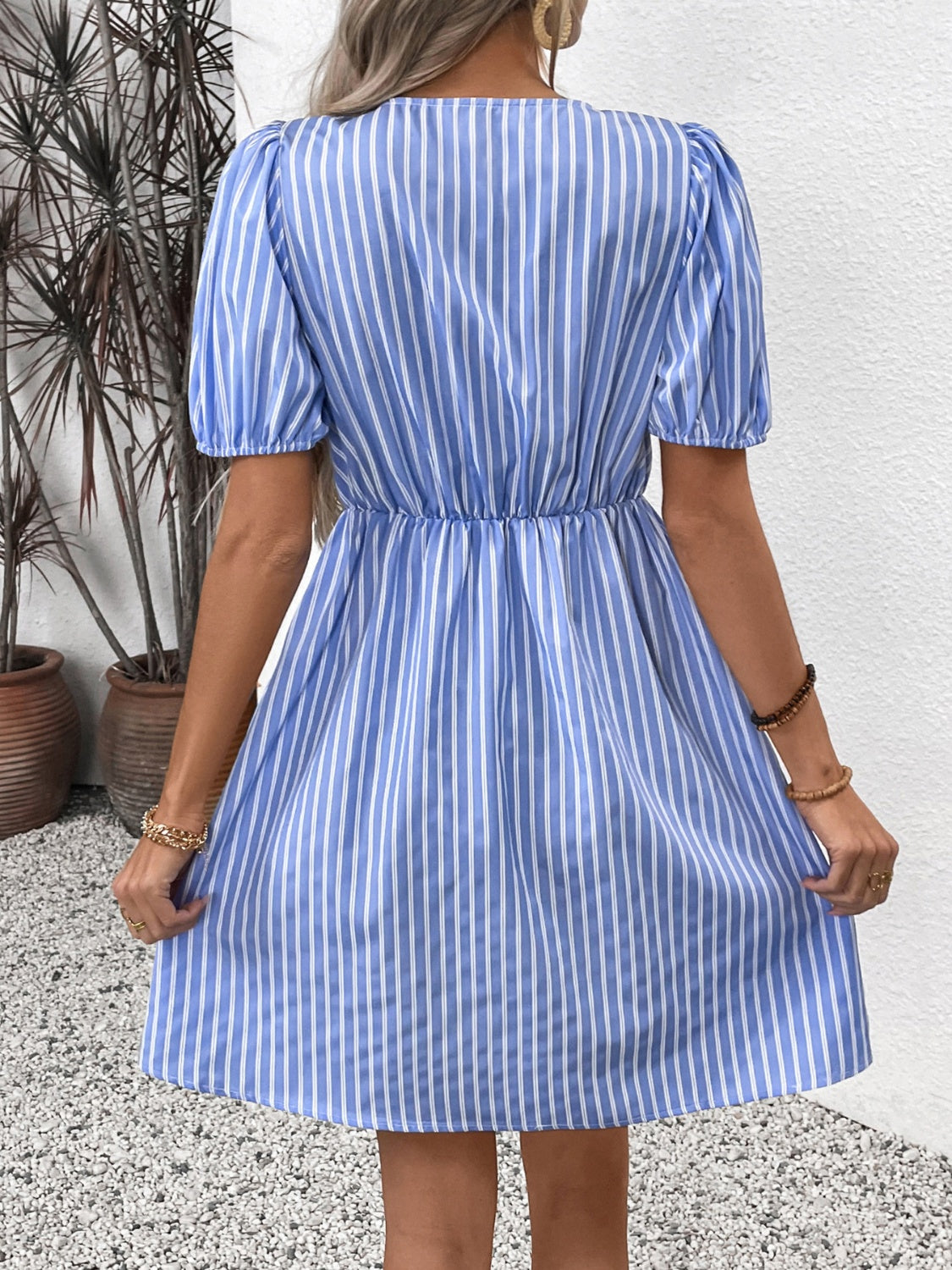 Perfee Tied Striped Short Sleeve Mini Dress.