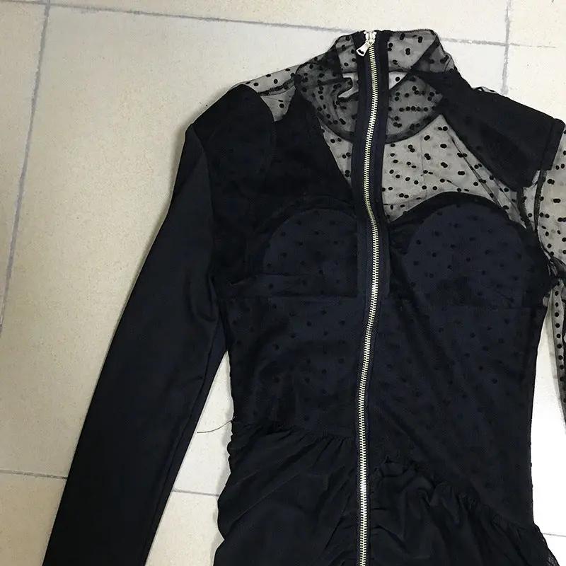 European and American stars the same sexy wave dot mesh splicing slim bag hip fold irregular dress A&S Collection