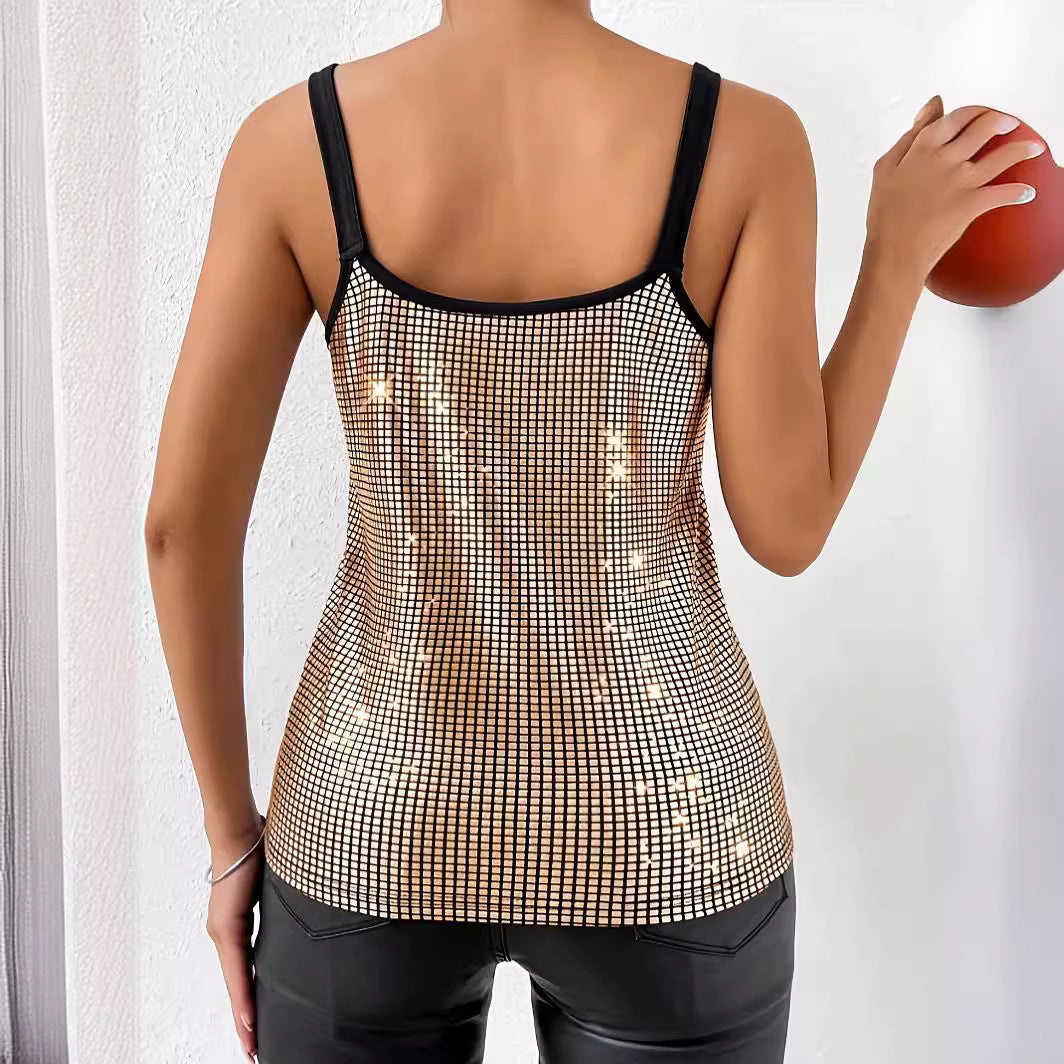 **Glamorous sequined chain vest—shine effortlessly this summer.**.