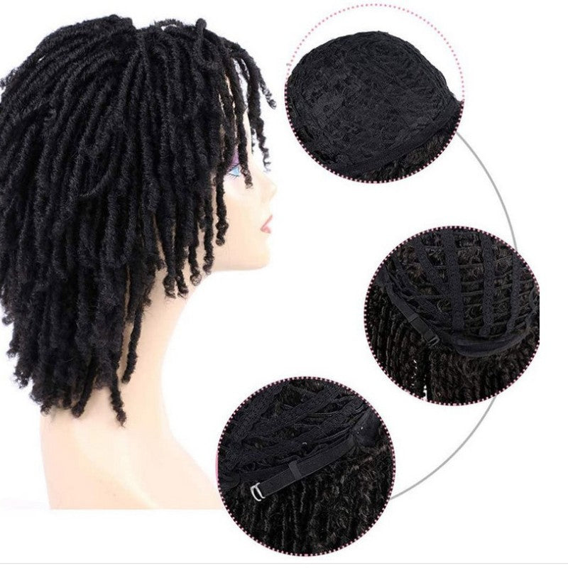 Adjustable black curly hair wig with a breathable cap and straps. A&S Collection