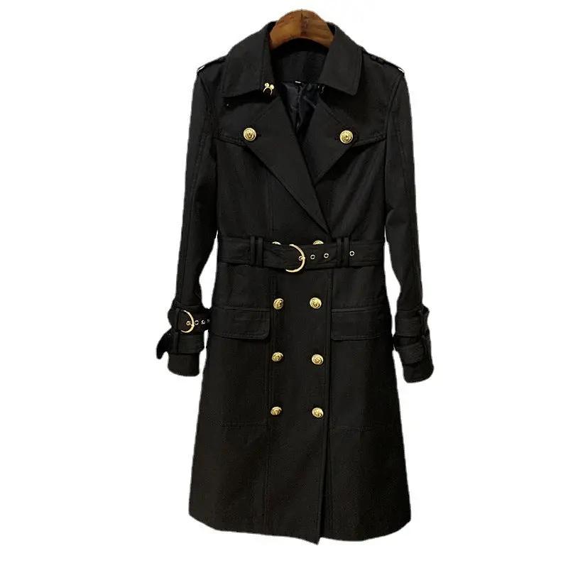 Autumn/winter quality top fashion metal lion buckle double breasted belt long trench coat A&S Collection
