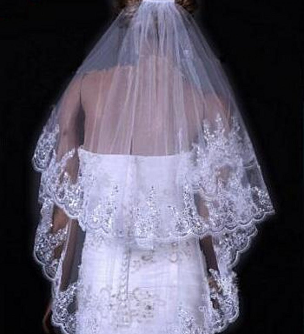 Bridal Sequined Polyester Veil Face Cover Two Layers Lace Sideband A&S Collection