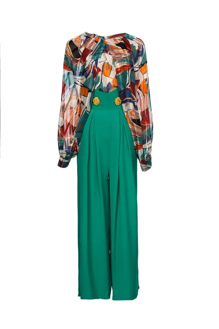Chic French-inspired set: fashionable printed top and wide-leg trousers, perfect for a stylish, elegant look. A&S Collection