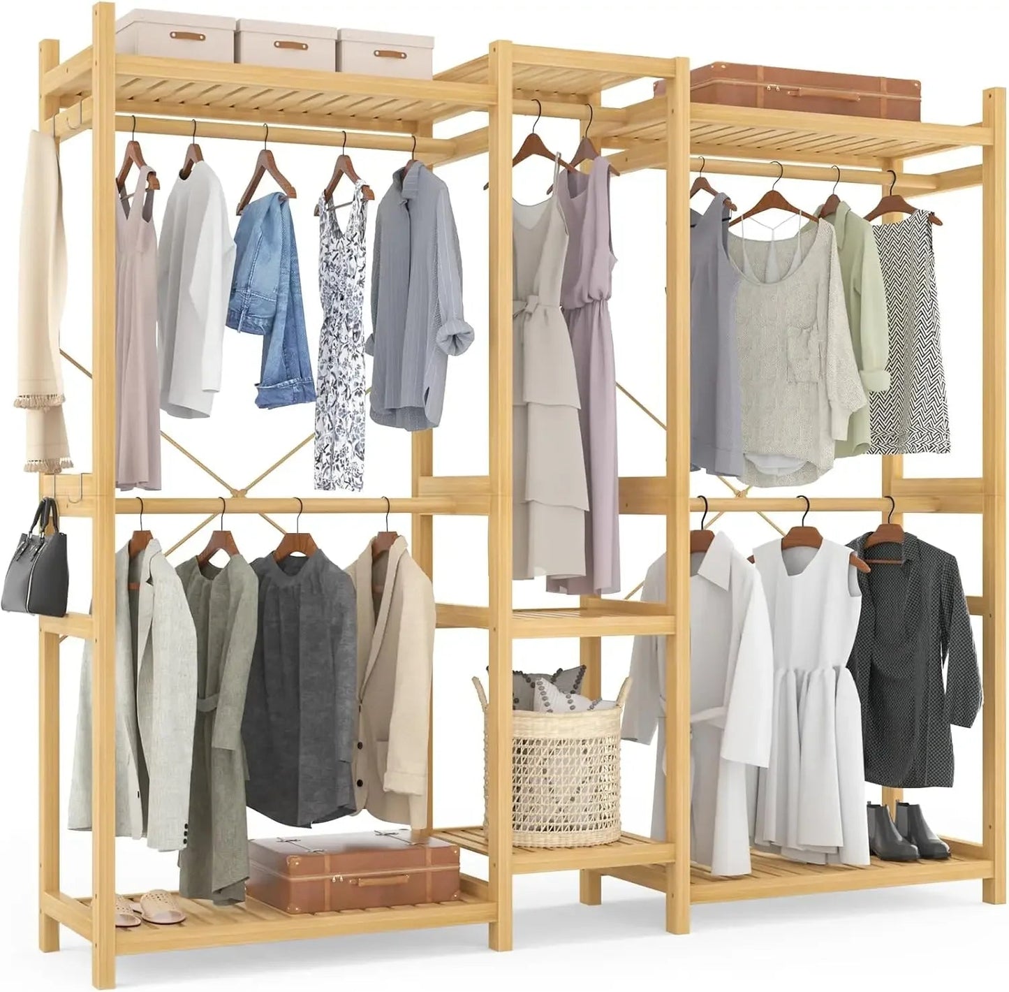 Bamboo Closet System Clothes Rack, Large Freestanding Garment Rack Clothing Rack for Hanging Clothes with 7 Storage Shelves and A&S Collection