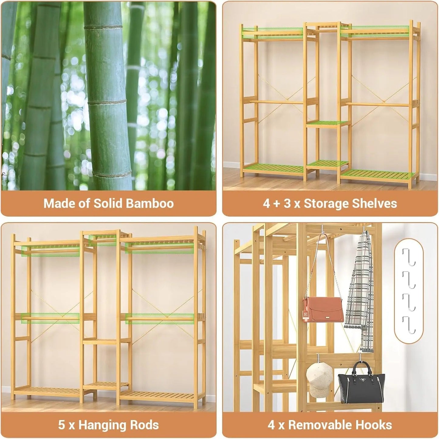 Bamboo Closet System Clothes Rack, Large Freestanding Garment Rack Clothing Rack for Hanging Clothes with 7 Storage Shelves and A&S Collection
