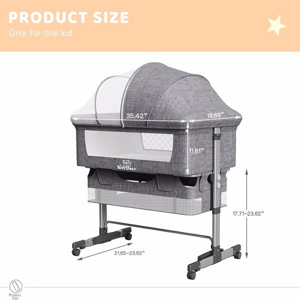 3-in-1 Bedside Crib With Mosquito Net, Large Storage Bag, Comfortable Mattress With Lockable Wheels, Grey CJ