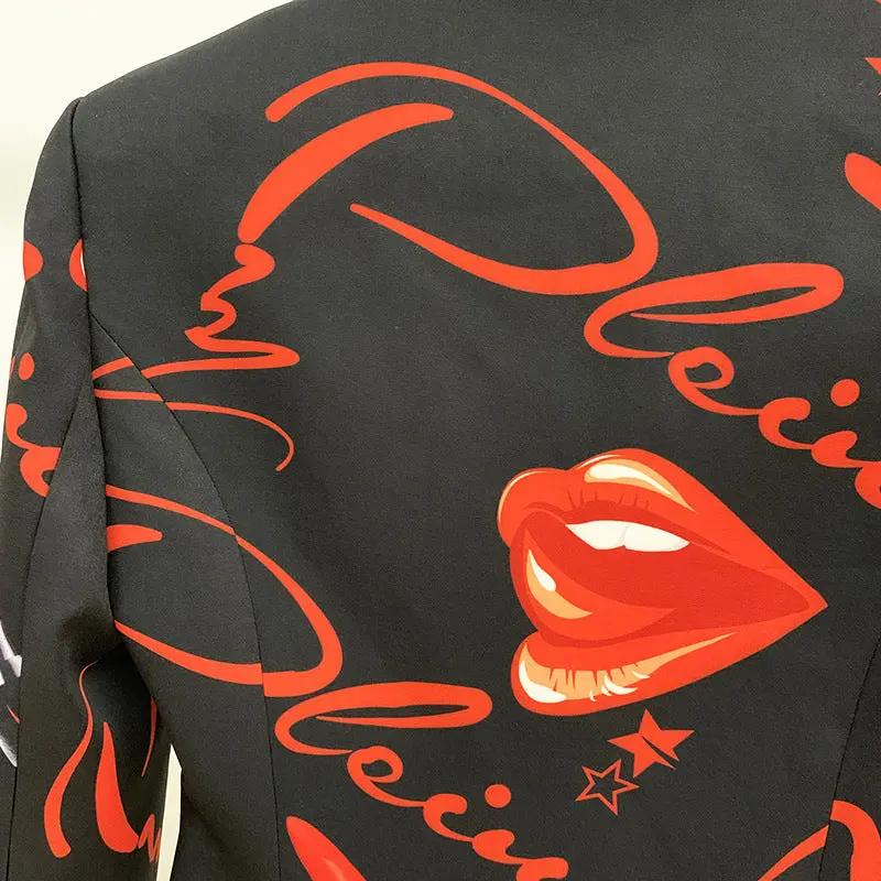 autumn and winter star fashion: Red lip letter print button suit with bell-bottom pants A&S Collection