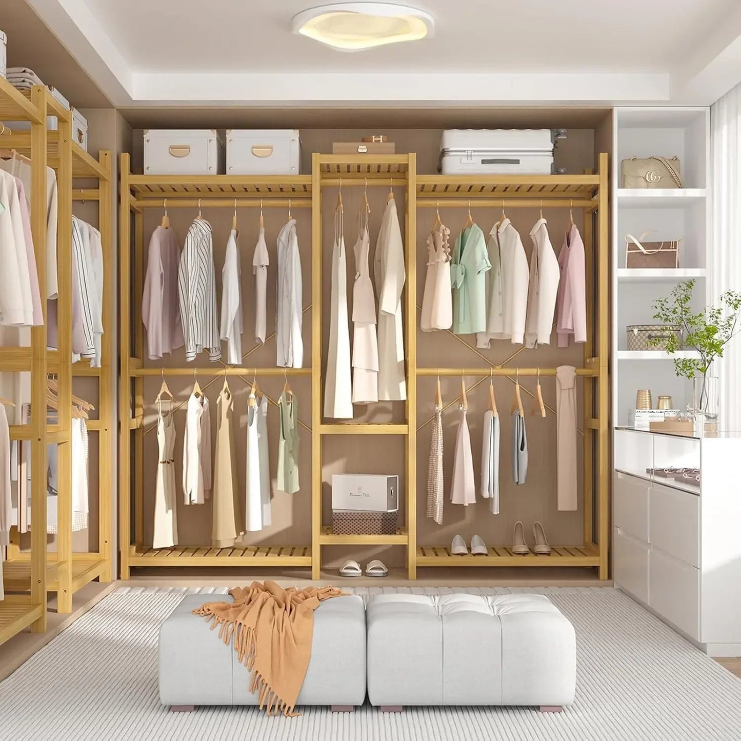 Bamboo Closet System Clothes Rack, Large Freestanding Garment Rack Clothing Rack for Hanging Clothes with 7 Storage Shelves and A&S Collection
