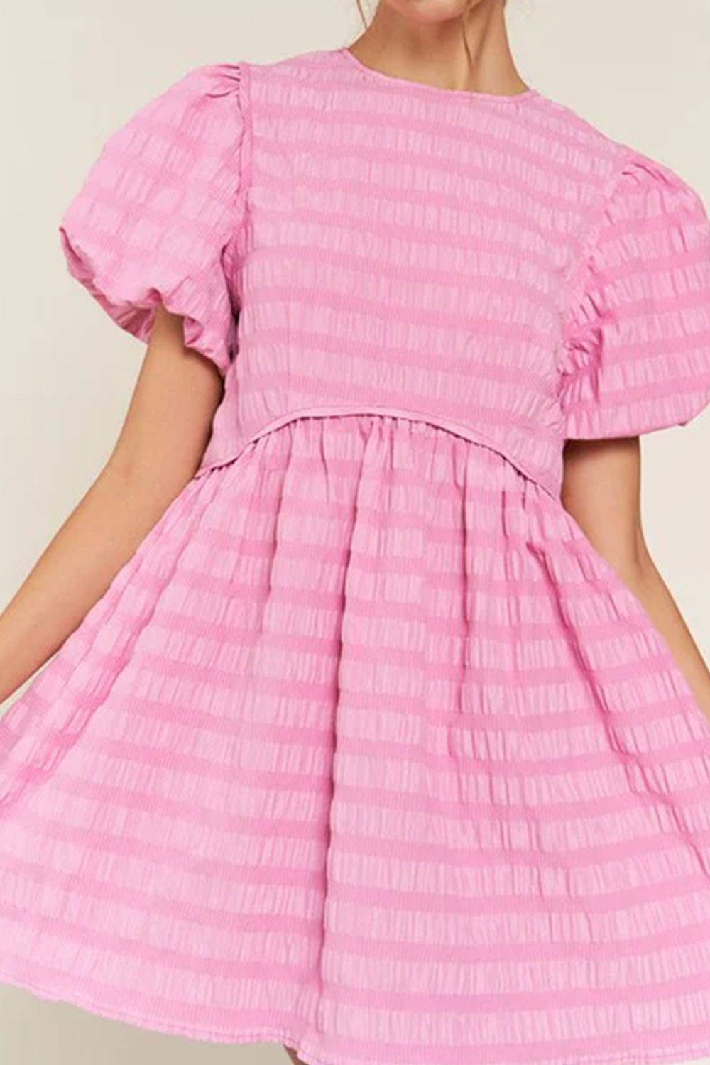 Textured Round Neck Puff Sleeve Mini Dress.