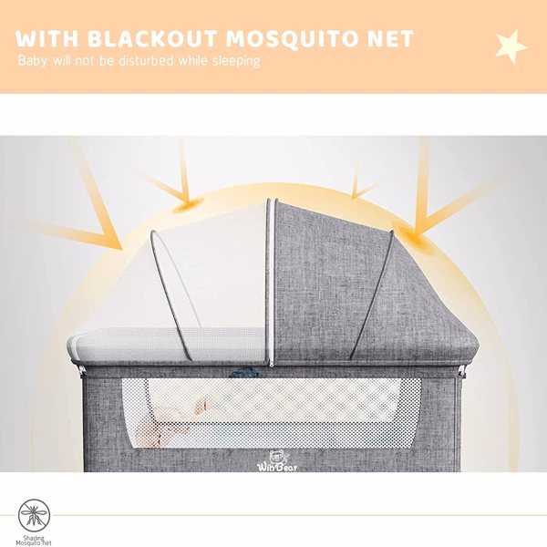 3-in-1 Bedside Crib With Mosquito Net, Large Storage Bag, Comfortable Mattress With Lockable Wheels, Grey CJ