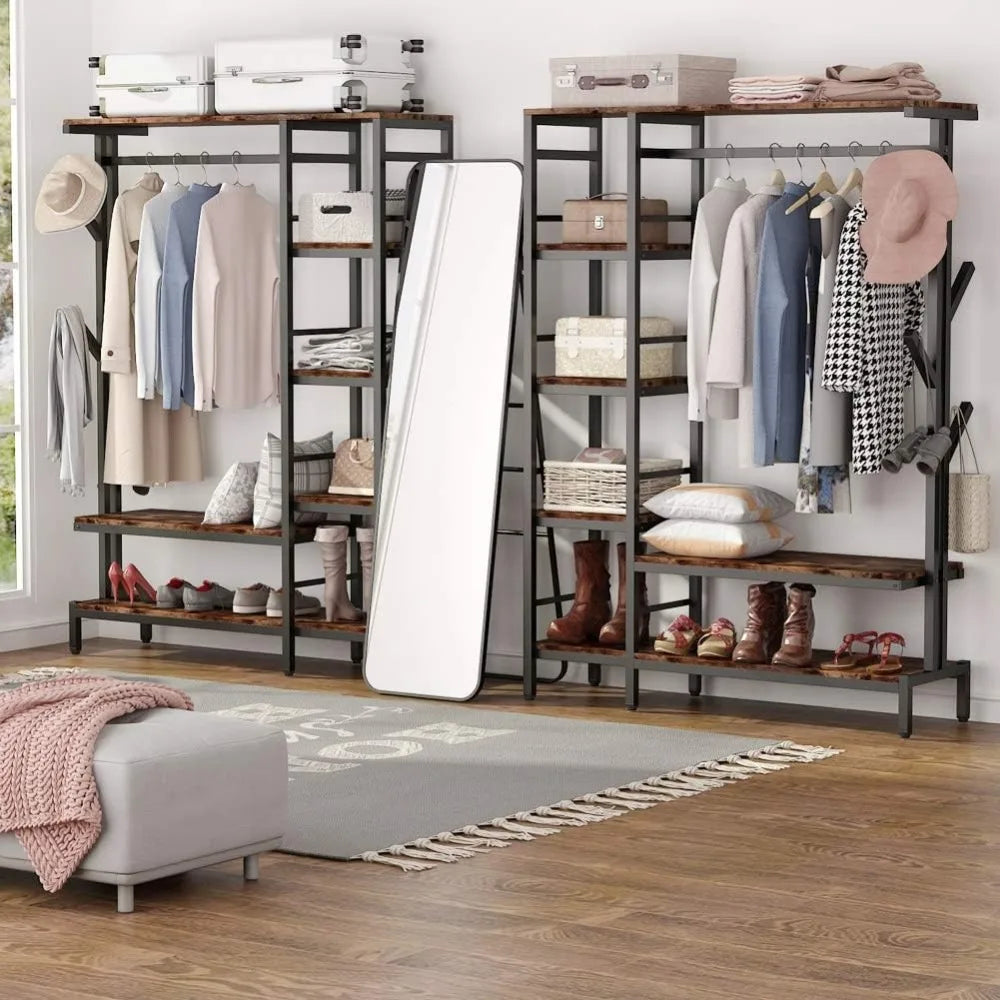 Free-standing Open Closet with Hooks, Metal Clothes Shelf Garment Rack with Shelves and Hanging Rod A&S Collection