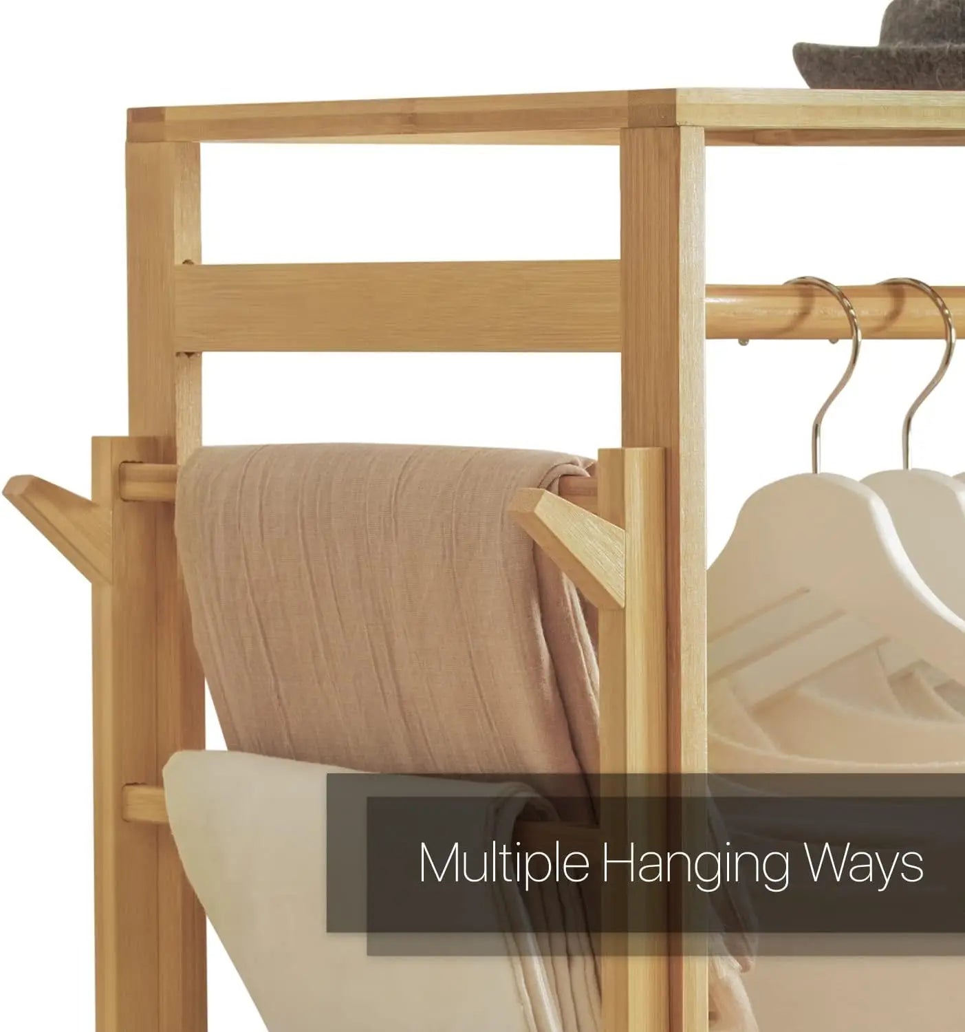 Bamboo Clothes Rack with Double Rods and Storage Shelves Free Standing Open Wardrobe Rack for Hanging Clothes and Storage for Be A&S Collection