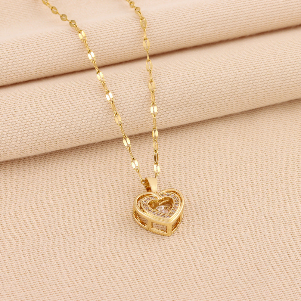Double-layer Love Necklace With Rhinestones Titanium Steel Pendant Fashion Jewelry Woman Valentines Day Gift A&S Collection
