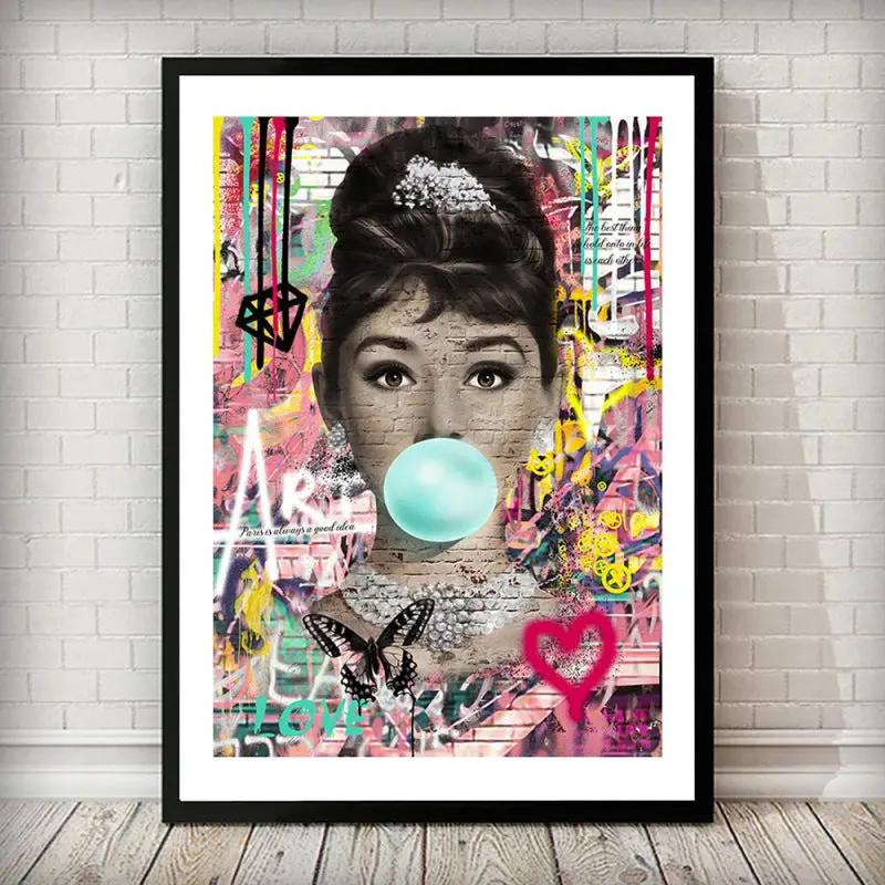 Popular Street Graffiti Art: Audrey Hepburn and Monroe Blowing Balloons on Painted Canvas - A Chic and Artistic Decorative Piece A&S Collection