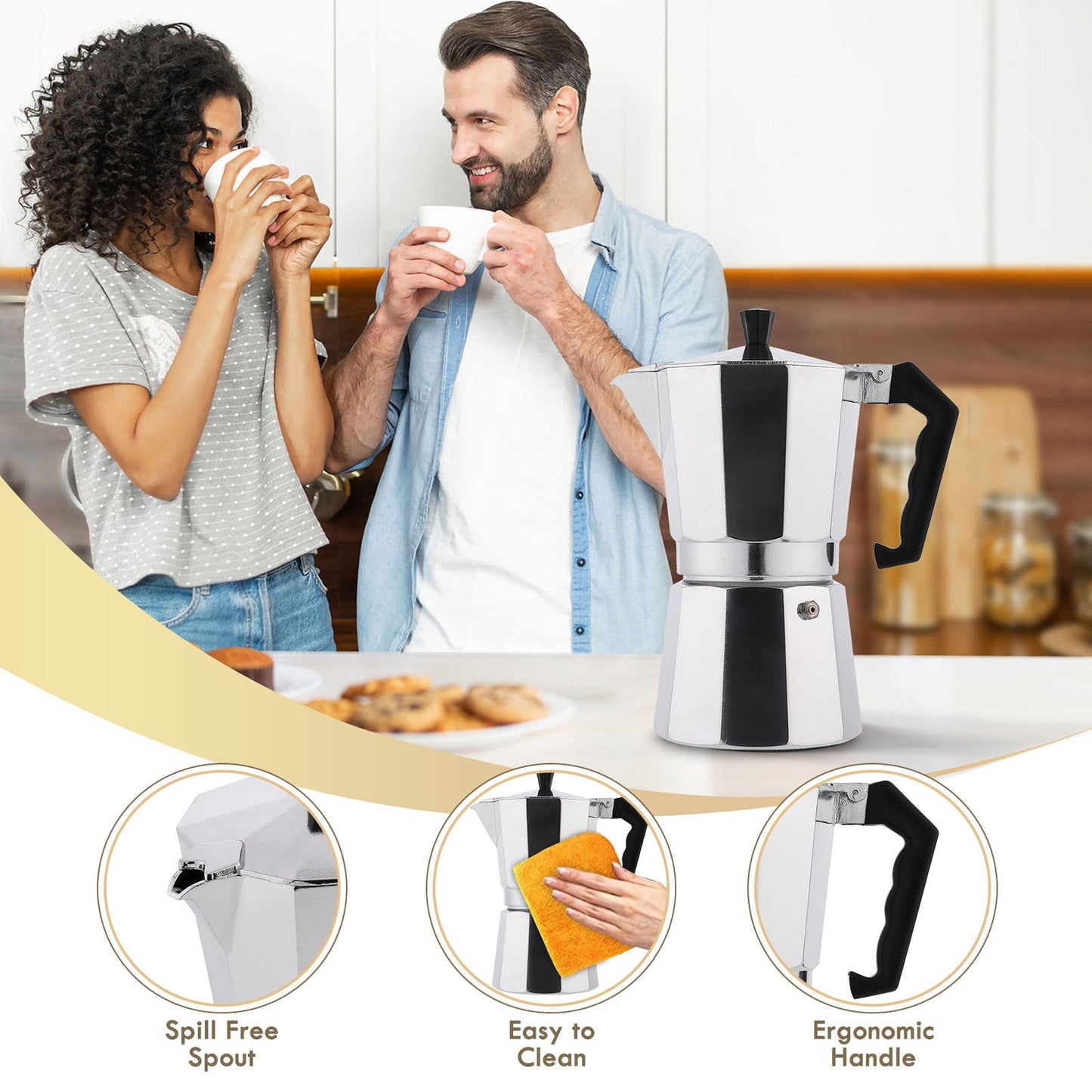 RAINBEAN Stovetop Espresso Maker 180ml For 3 Cups Espresso, Italian Moka Pot Coffee Maker, For Coffee Latte Mocha Cappuccino Macchiato Cuban Cafe Makers, Silver A&S Collection