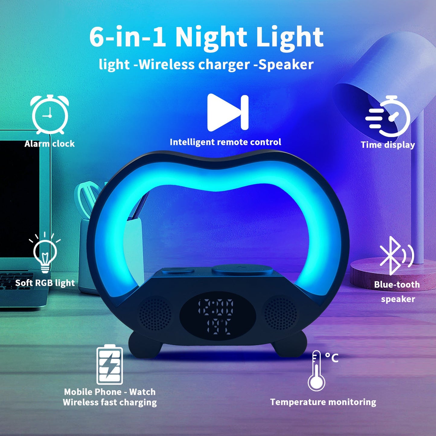 2024 New 6 In 1 Smart Remote Control Bluetooth-compatible Ambience Intelligent LED Table Lamp Multi-function Wireless Charger Night Light Bluetooth-compatible Speaker A&S Collection