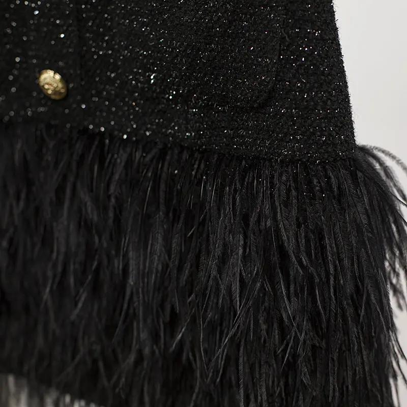 Europe and The United States autumn winter star women fashion metal buckle black and white clash-color hem stitching feather dress A&S Collection