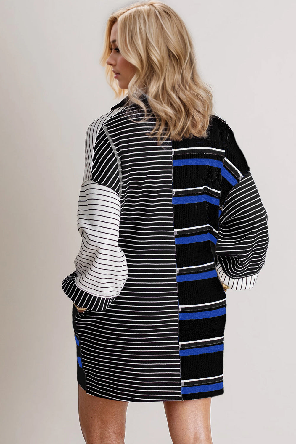 Oh Full Size Striped Half Button Long Sleeve Mini Dress.