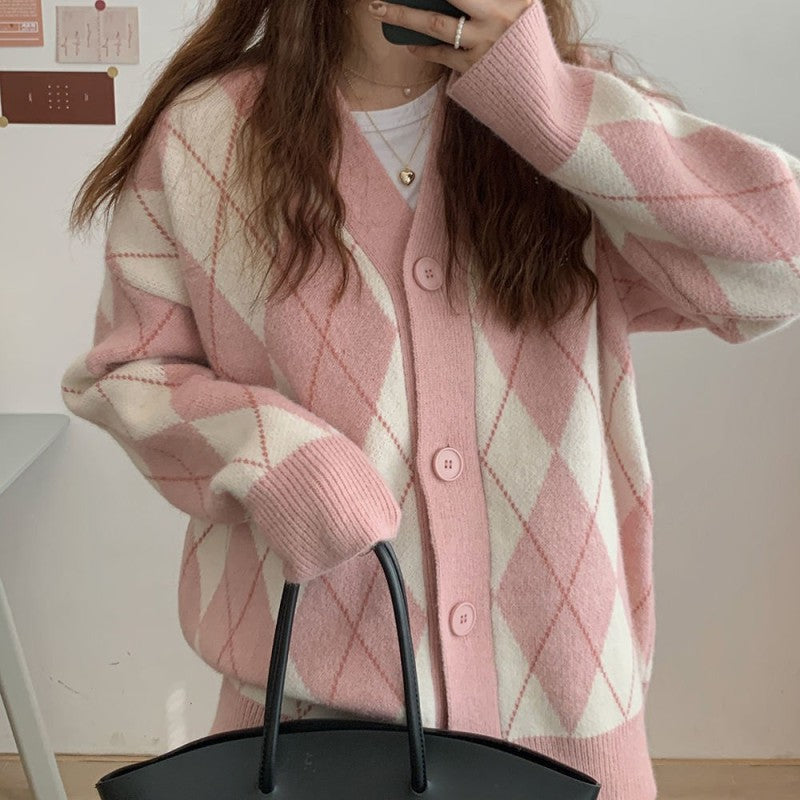 Autumn new diamond lattice sweet lazy wind cardigan sweater female Korean version of loose contrast color knitted top tide A&S Collection