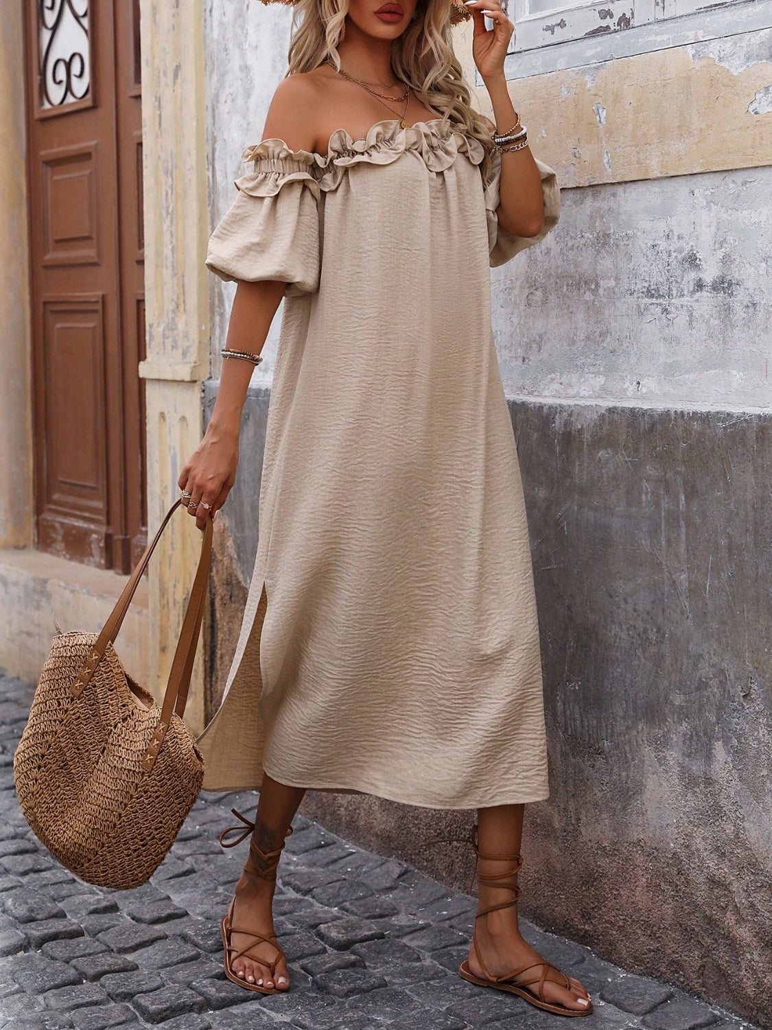 Ruffled Off-Shoulder Puff Sleeve Midi Dress.