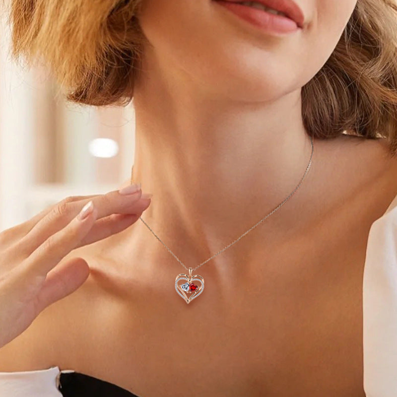 S925 Silver Double Love Necklace With Rhinestones Fashion Personality Heart-shaped Necklace Valentine's Day Gift A&S Collection