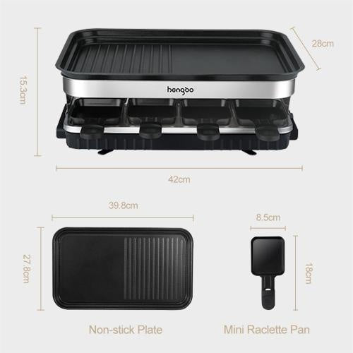 Raclette Grill 8 People Grill Plate Non-stick Coated, Raclette With 8 Mini Raclette Pans, Infinitely Adjustable Temperature, 1500W A&S Collection