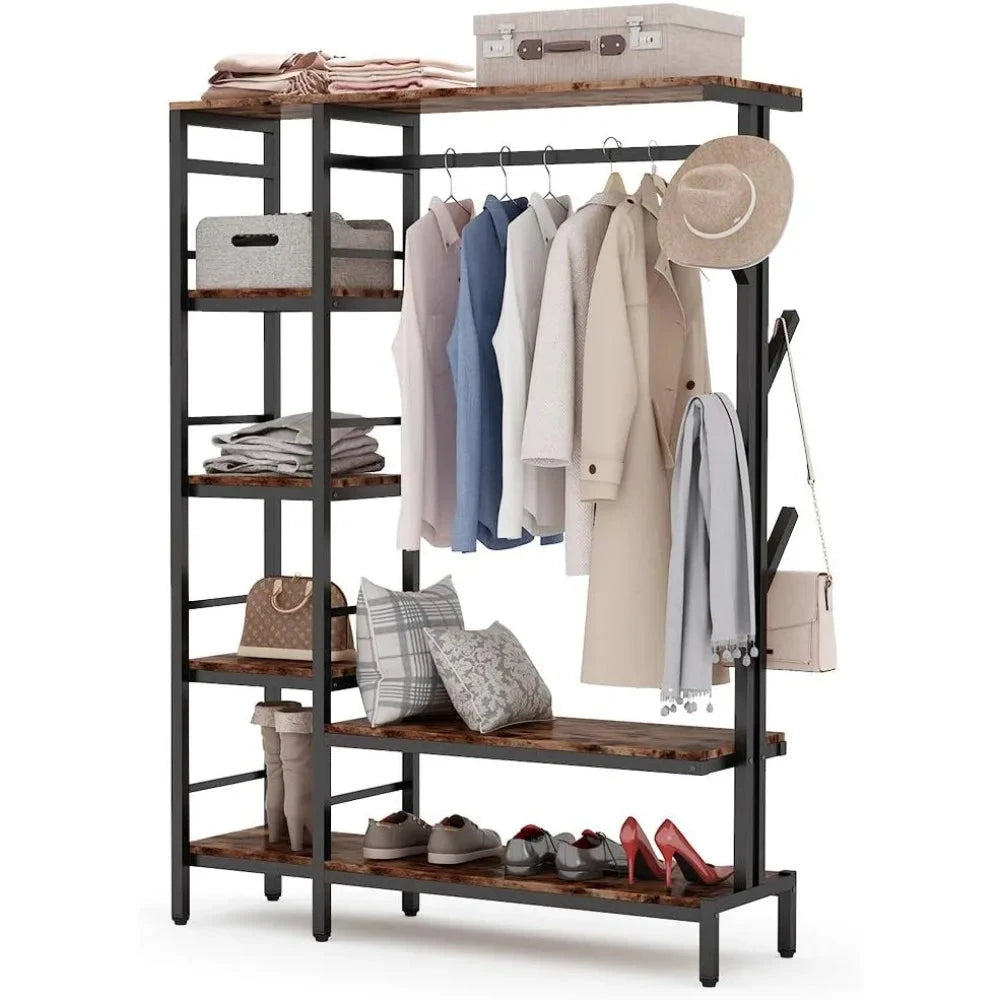 Free-standing Open Closet with Hooks, Metal Clothes Shelf Garment Rack with Shelves and Hanging Rod A&S Collection