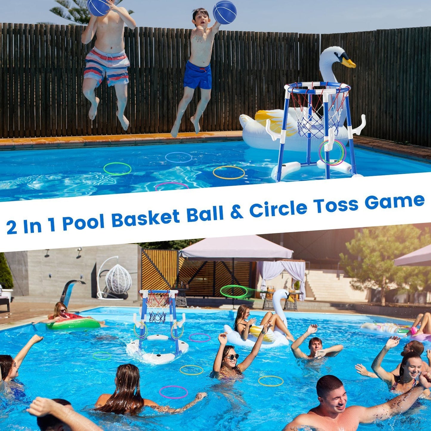 1Set Summer Pool Basketball Hoop Toy Set With 4 Basketballs 4 Circles Floating Swimming Pool Basketball Games Poolside Water Play Toy For 3 To 12Years Old Kids Adults A&S Collection