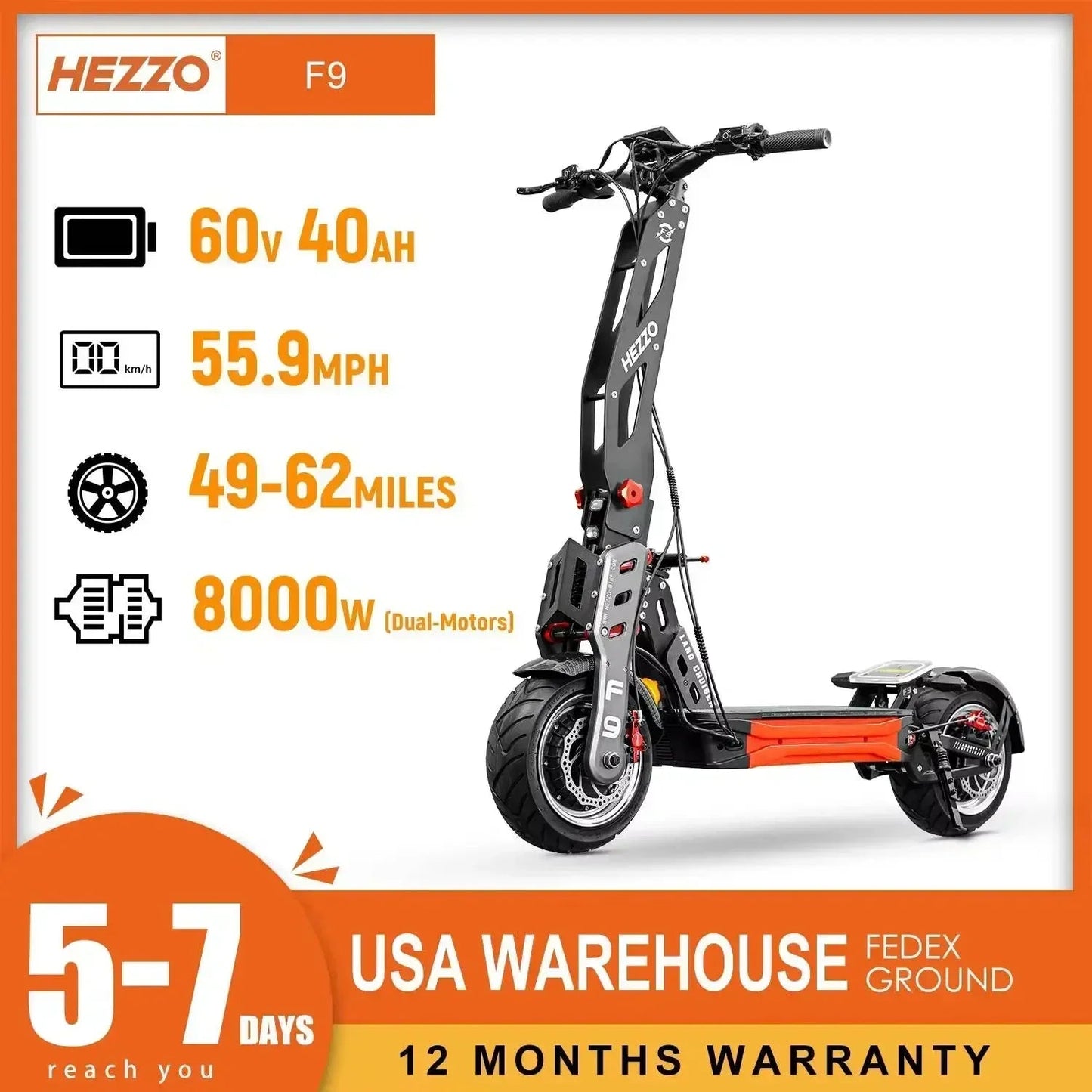 HEZZO 60V 8000W 62.5MPH Off-road Electric Scooter 40AH 63mile With NFC Damping Rod 12"Fat Tire Dual Motors Mountain Cross E-bike A&S Collection