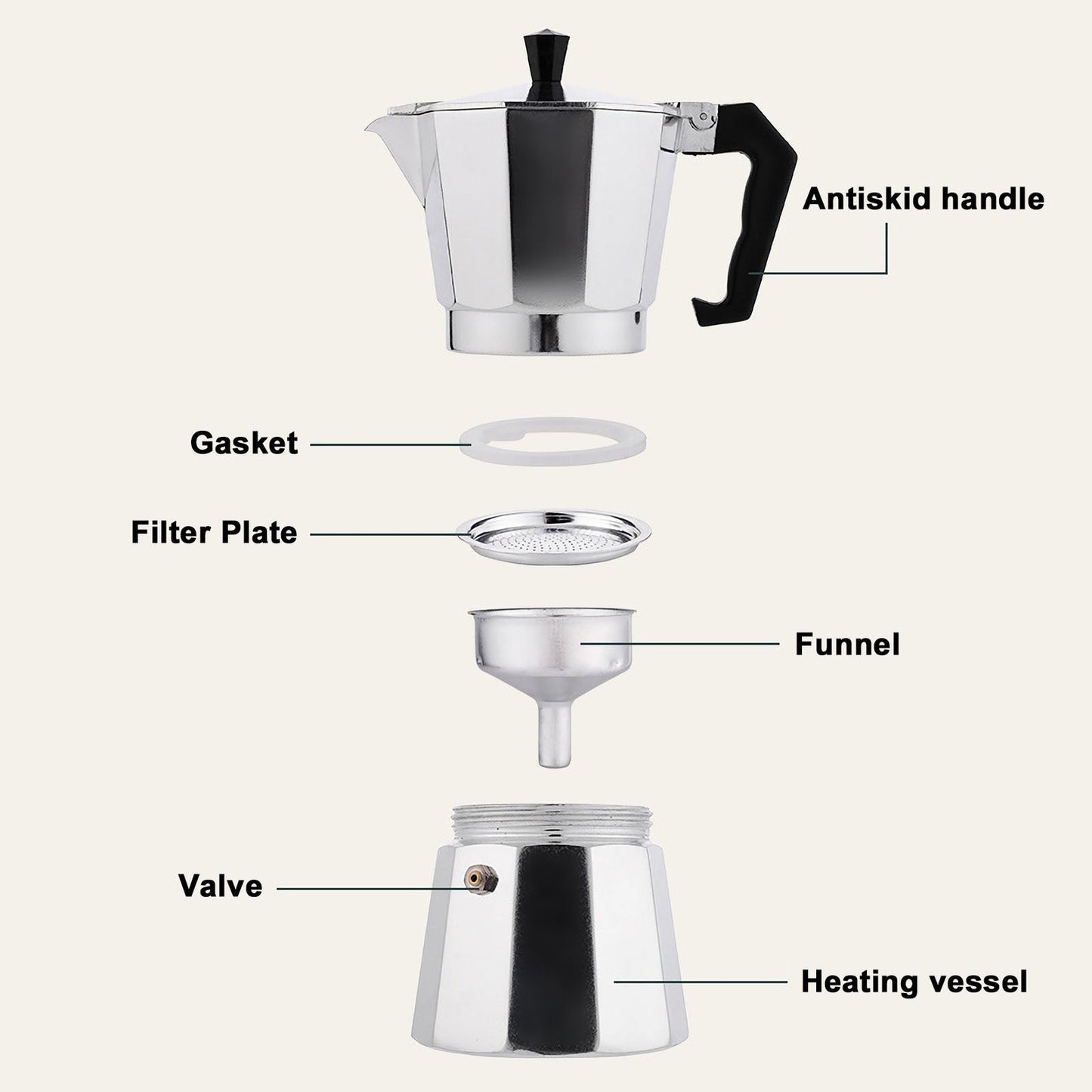 RAINBEAN Stovetop Espresso Maker 180ml For 3 Cups Espresso, Italian Moka Pot Coffee Maker, For Coffee Latte Mocha Cappuccino Macchiato Cuban Cafe Makers, Silver A&S Collection