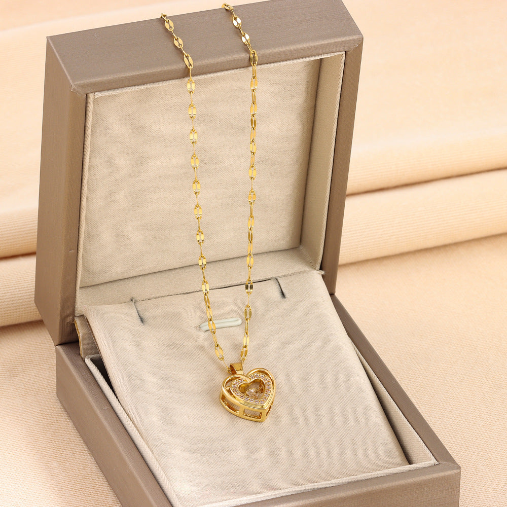 Double-layer Love Necklace With Rhinestones Titanium Steel Pendant Fashion Jewelry Woman Valentines Day Gift A&S Collection