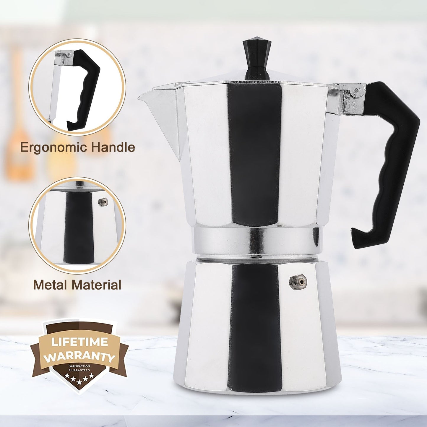 RAINBEAN Stovetop Espresso Maker 180ml For 3 Cups Espresso, Italian Moka Pot Coffee Maker, For Coffee Latte Mocha Cappuccino Macchiato Cuban Cafe Makers, Silver A&S Collection